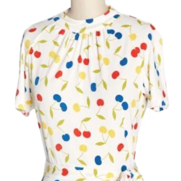 ModCloth Cherry Print retro swing Fit & Flare Dress mock neck & belt XL - Picture 2 of 16